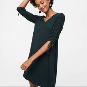 Loft Ruched Sleeve Green Swing Dress